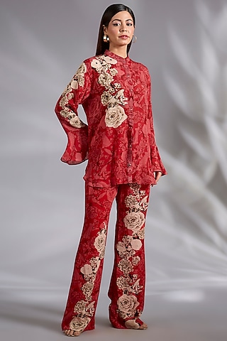 Red Crepe Floral Digital Printed Co-Ord Set by CHARU PARASHAR