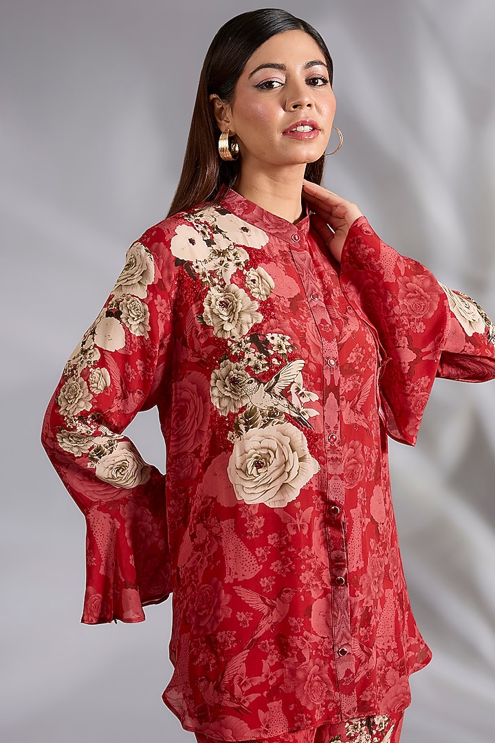 Red Crepe Floral Digital Printed Co-Ord Set by CHARU PARASHAR at Pernia's Pop Up Shop