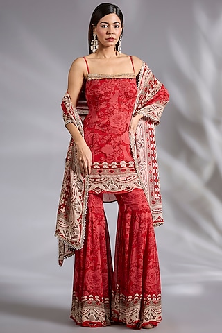 Red Georgette Digital Printed Sharara Set by CHARU PARASHAR