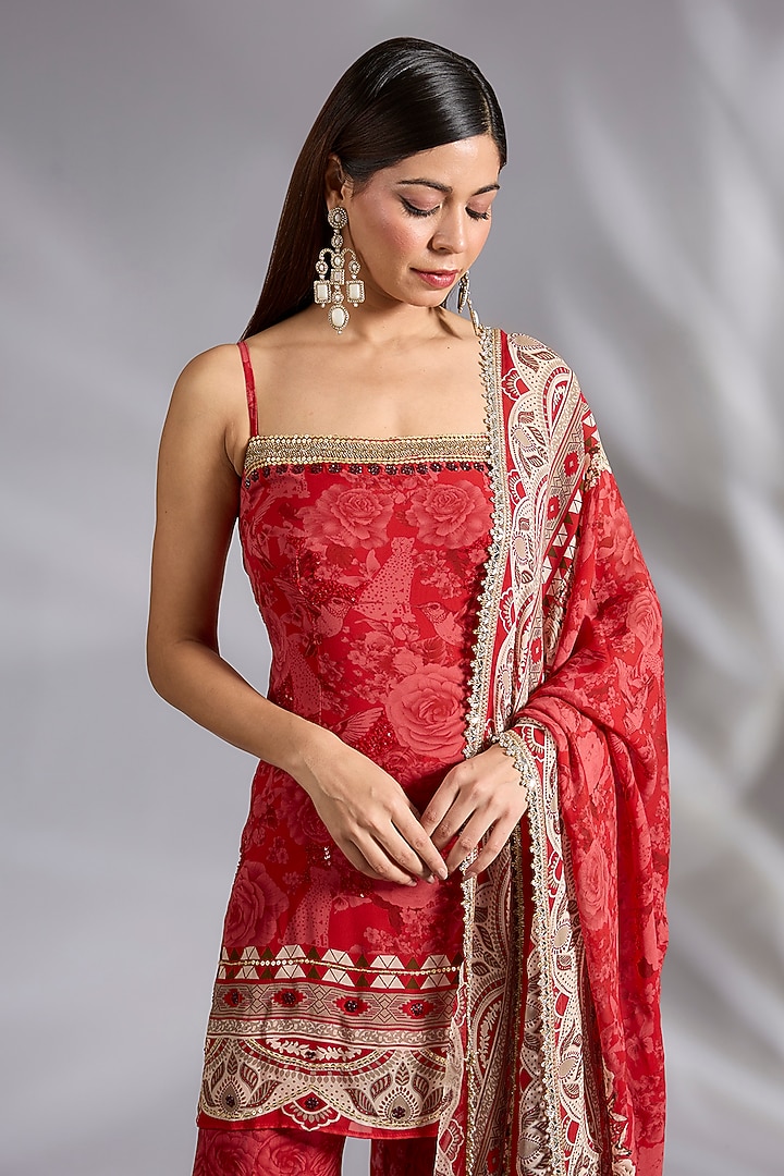 Red Georgette Digital Printed Wedding Sharara Set by CHARU PARASHAR at Pernia's Pop Up Shop