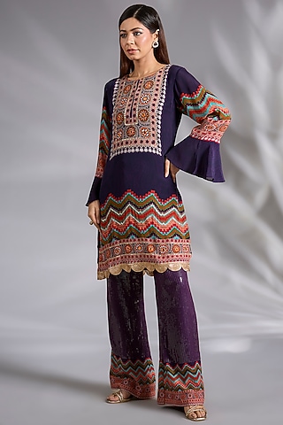 Purple Crepe Chevron Printed Kurta Set by CHARU PARASHAR