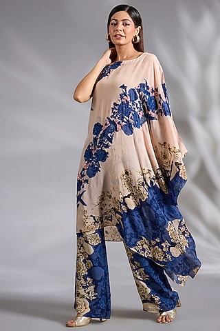 Blue & Ivory Crepe Floral Digital Printed Co-Ord Set by CHARU PARASHAR