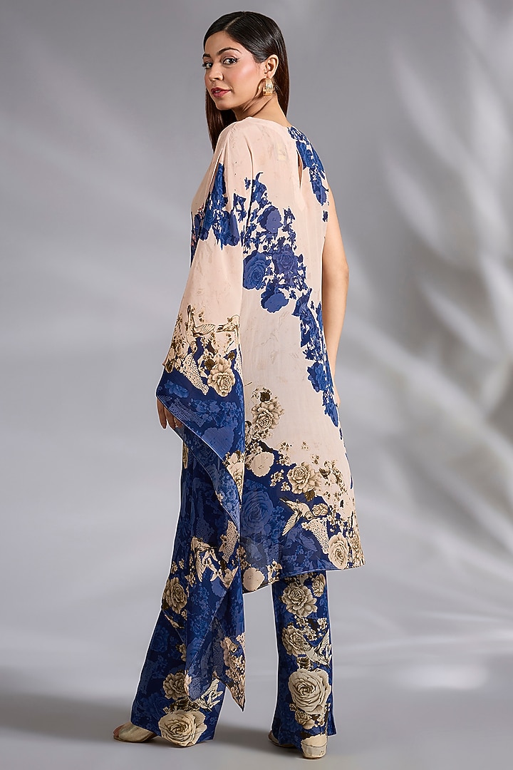 Blue & Ivory Crepe Floral Digital Printed Co-Ord Set by CHARU PARASHAR at Pernia's Pop Up Shop