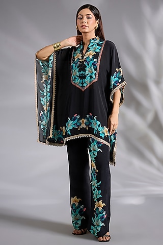 Black Crepe Daisy Digital Printed Co-Ord Set by CHARU PARASHAR