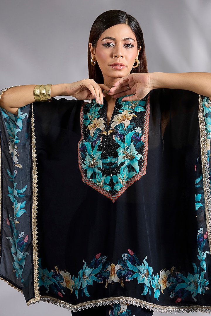 Black Crepe Daisy Digital Printed Co-Ord Set by CHARU PARASHAR at Pernia's Pop Up Shop