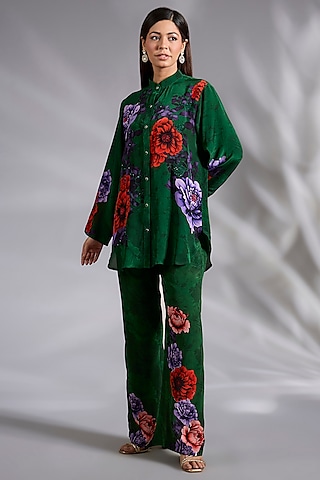 Dark Green Crepe Floral Digital Printed Co-Ord Set by CHARU PARASHAR