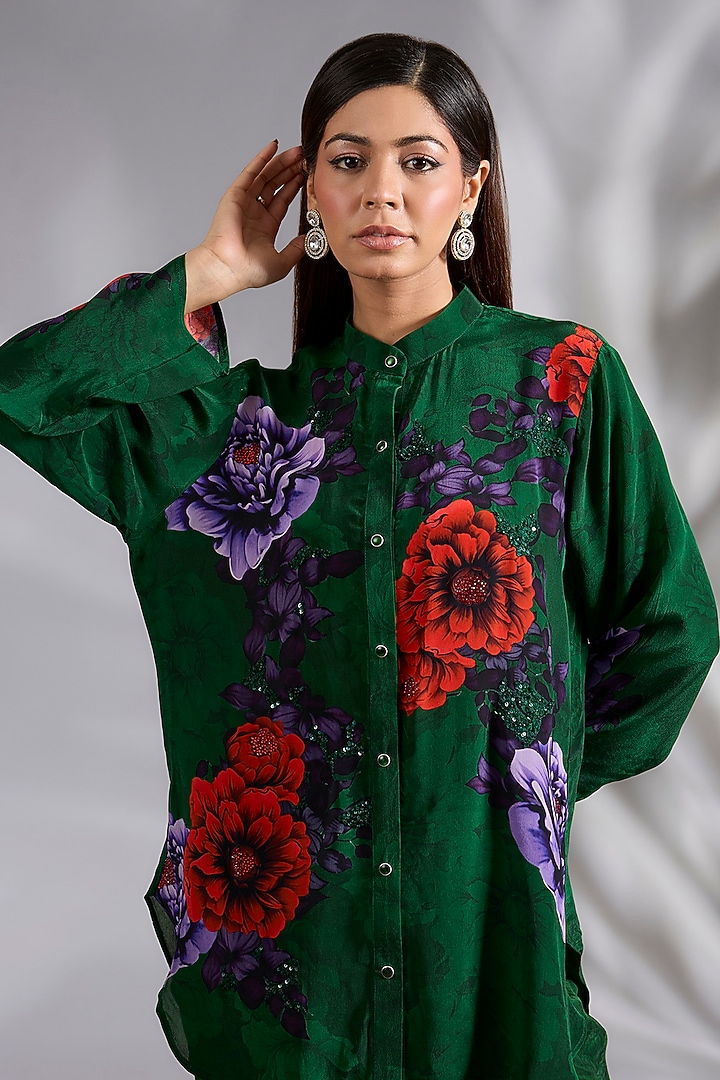 Dark Green Crepe Floral Digital Printed Co-Ord Set by CHARU PARASHAR at Pernia's Pop Up Shop