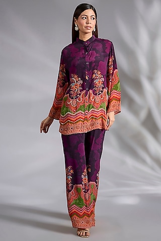Purple Crepe Chevron Digital Printed Co-Ord Set by CHARU PARASHAR