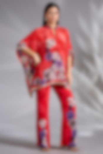 Red Crepe Floral Digital Printed Co-Ord Set by CHARU PARASHAR at Pernia's Pop Up Shop