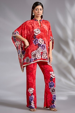 Red Crepe Floral Digital Printed Co-Ord Set by CHARU PARASHAR
