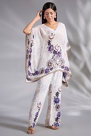 White Crepe Floral Digital Printed Co-Ord Set by CHARU PARASHAR