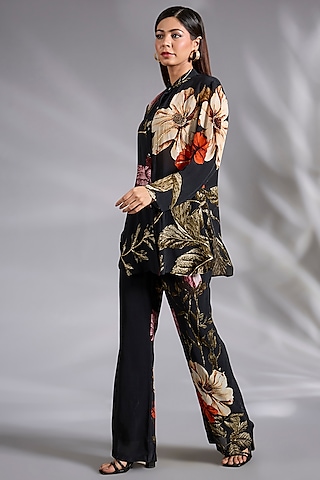Black Crepe Floral Digital Printed Co-Ord Set by CHARU PARASHAR