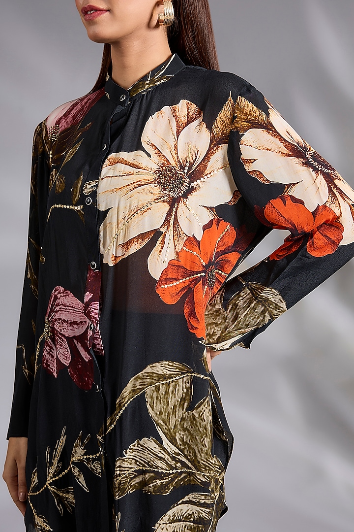 Black Crepe Floral Digital Printed Co-Ord Set by CHARU PARASHAR at Pernia's Pop Up Shop
