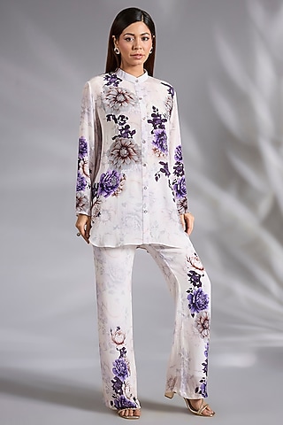 White & Purple Crepe Floral Digital Printed Co-Ord Set by CHARU PARASHAR
