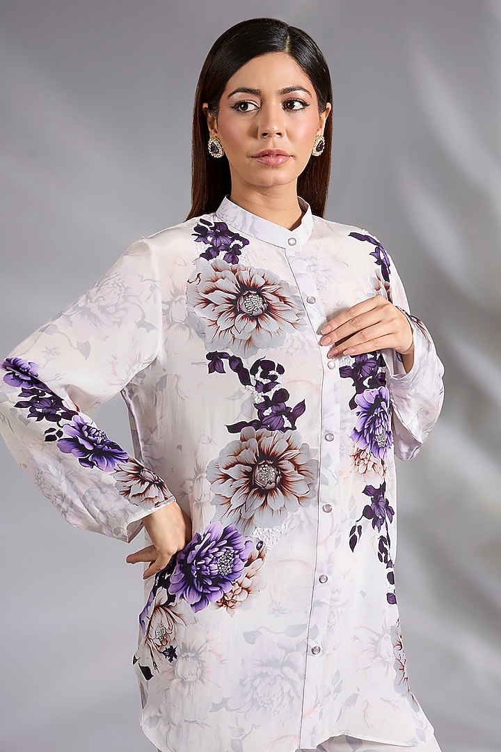 White & Purple Crepe Floral Digital Printed Co-Ord Set by CHARU PARASHAR at Pernia's Pop Up Shop