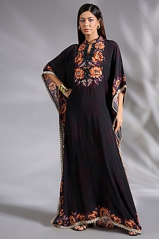 Black Crepe Floral Digital Printed Kaftan by CHARU PARASHAR