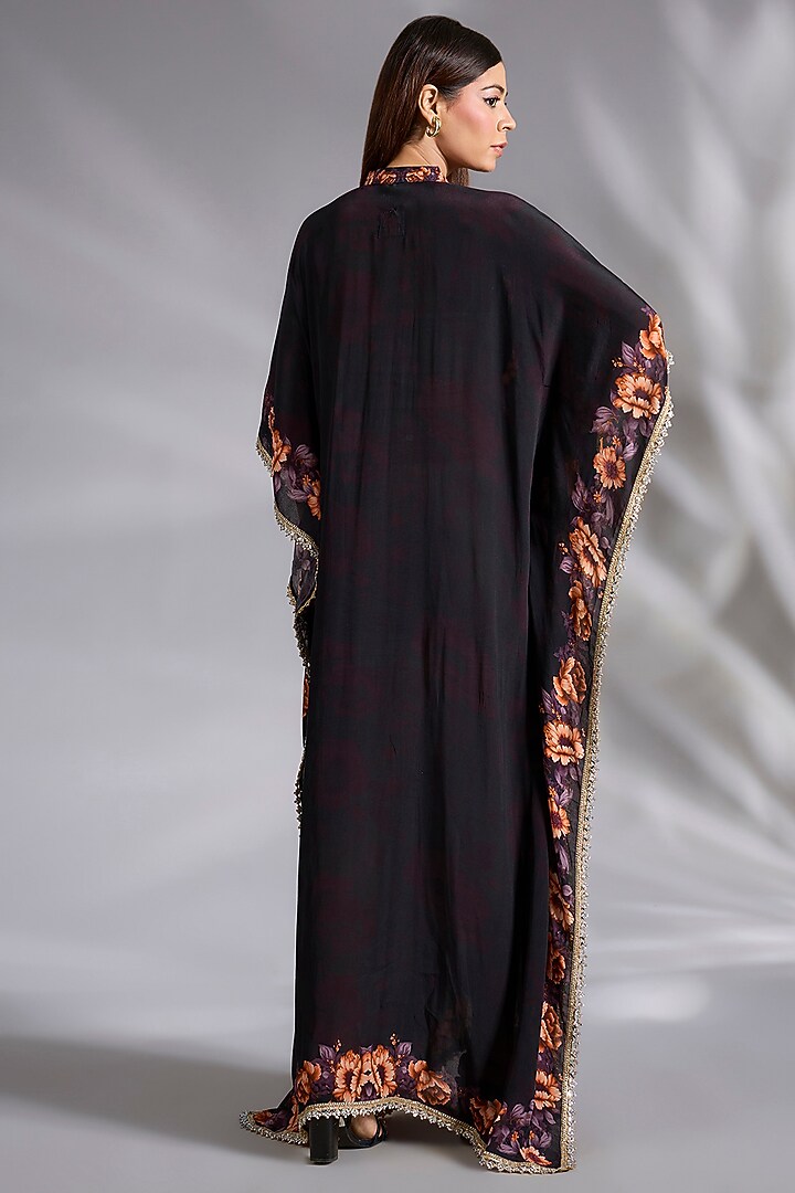 Black Crepe Floral Digital Printed Kaftan by CHARU PARASHAR at Pernia's Pop Up Shop