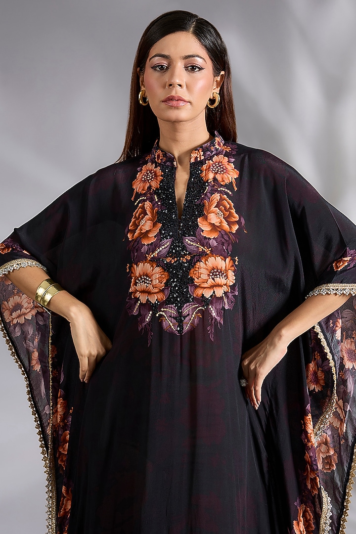 Black Crepe Floral Digital Printed Kaftan by CHARU PARASHAR at Pernia's Pop Up Shop