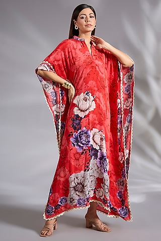 Red Crepe Floral Digital Printed Kaftan by CHARU PARASHAR