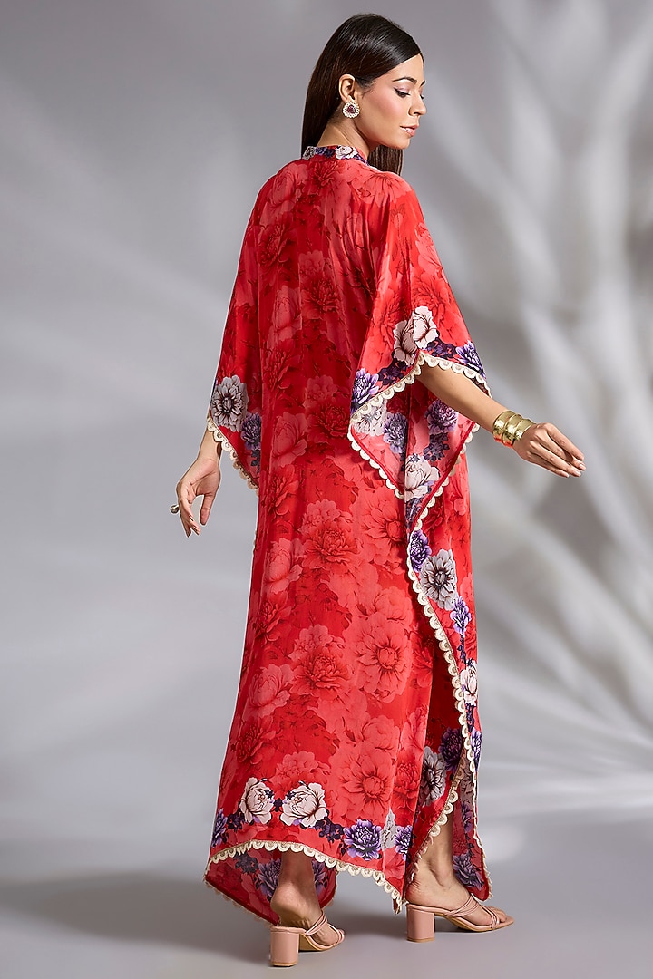 Red Crepe Floral Digital Printed Kaftan by CHARU PARASHAR at Pernia's Pop Up Shop