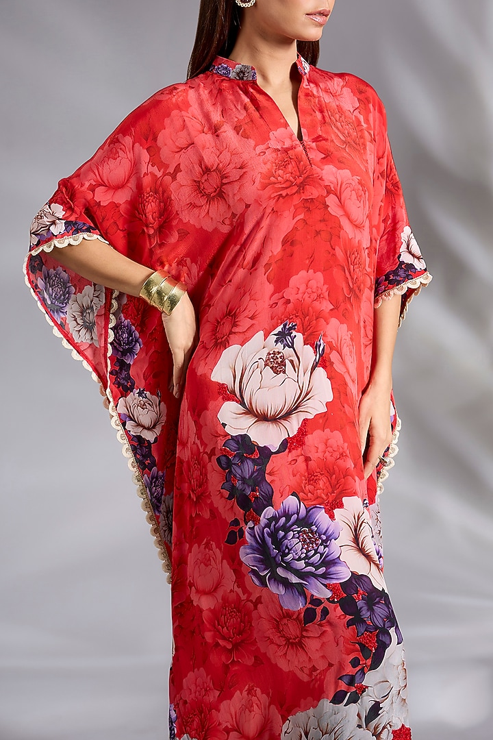 Red Crepe Floral Digital Printed Kaftan by CHARU PARASHAR at Pernia's Pop Up Shop