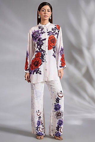 White Crepe Floral Digital Printed Co-Ord Set by CHARU PARASHAR
