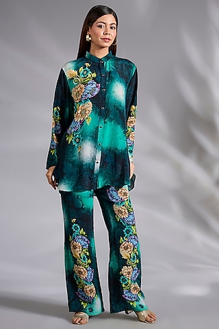 Teal Shaded Crepe Floral Digital Printed Co-Ord Set by CHARU PARASHAR