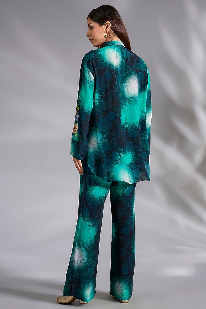 Teal Shaded Crepe Floral Digital Printed Co-Ord Set by CHARU PARASHAR at Pernia's Pop Up Shop