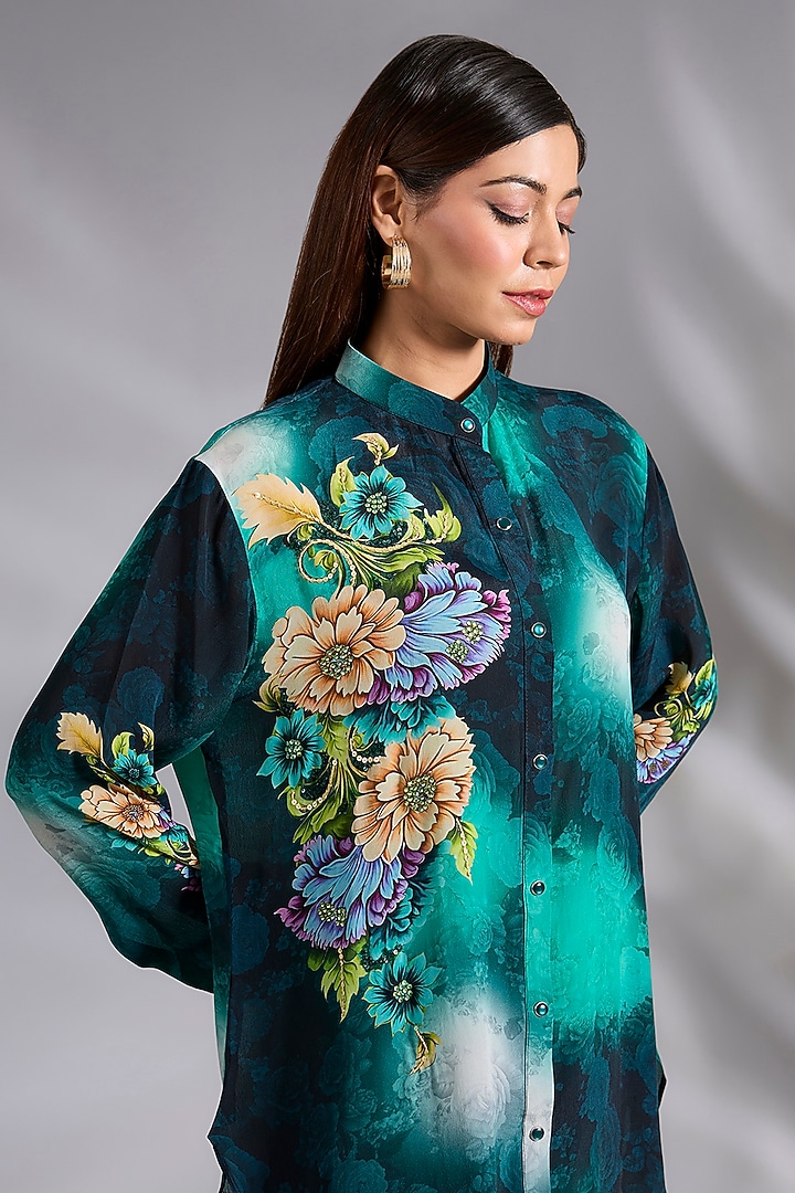 Teal Shaded Crepe Floral Digital Printed Co-Ord Set by CHARU PARASHAR at Pernia's Pop Up Shop