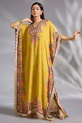 Yellow Crepe Floral Digital Printed Kaftan by CHARU PARASHAR