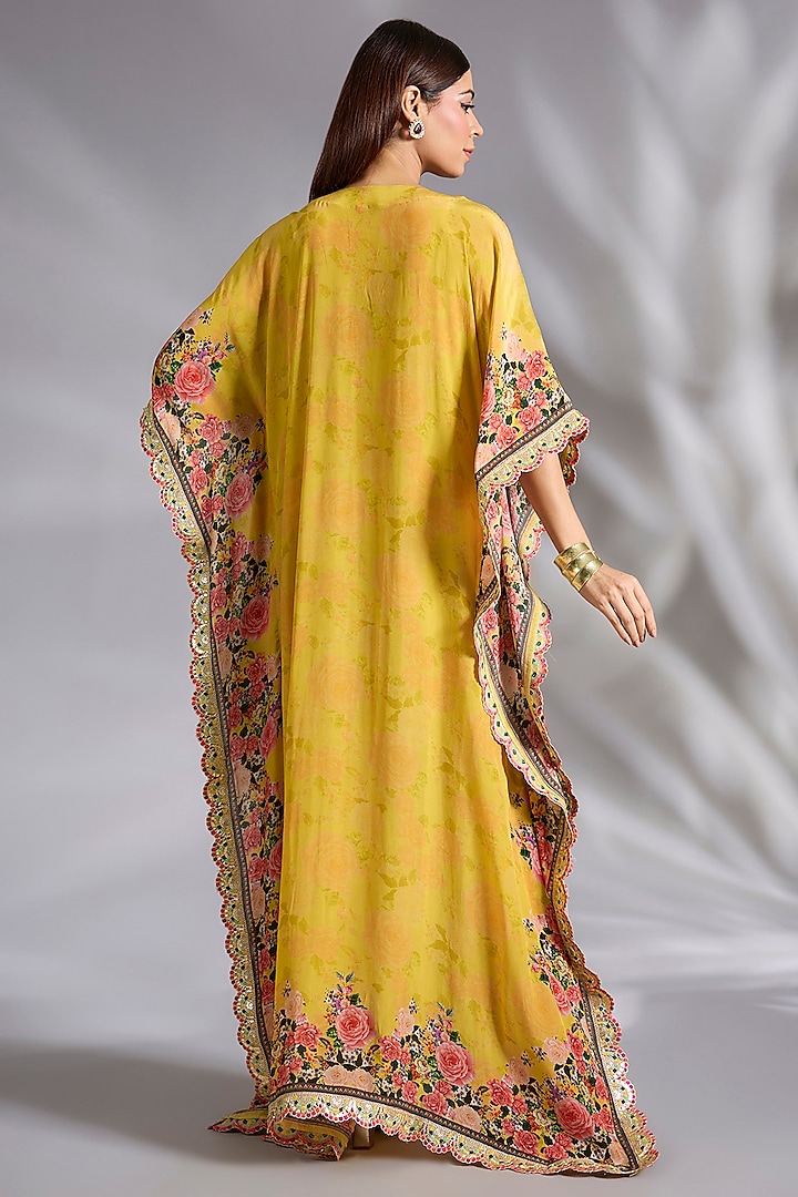 Yellow Crepe Floral Digital Printed Kaftan by CHARU PARASHAR at Pernia's Pop Up Shop