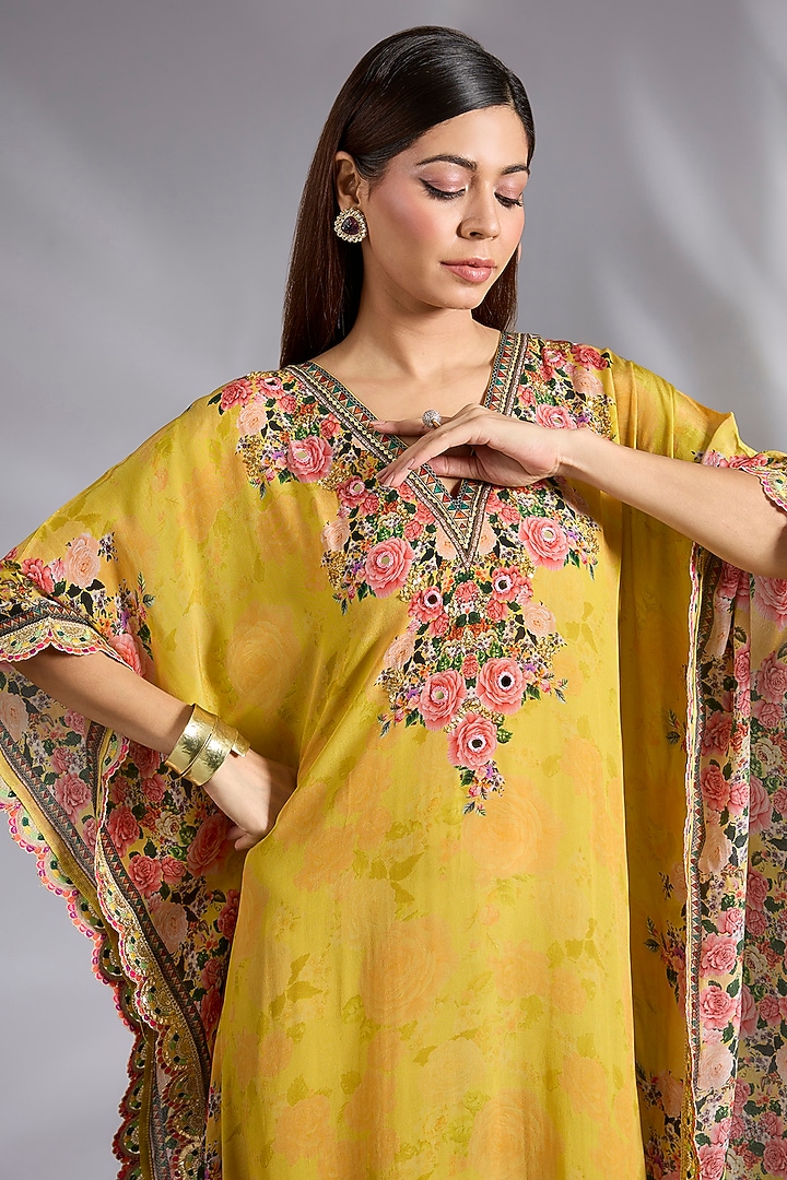 Yellow Crepe Floral Digital Printed Kaftan by CHARU PARASHAR at Pernia's Pop Up Shop