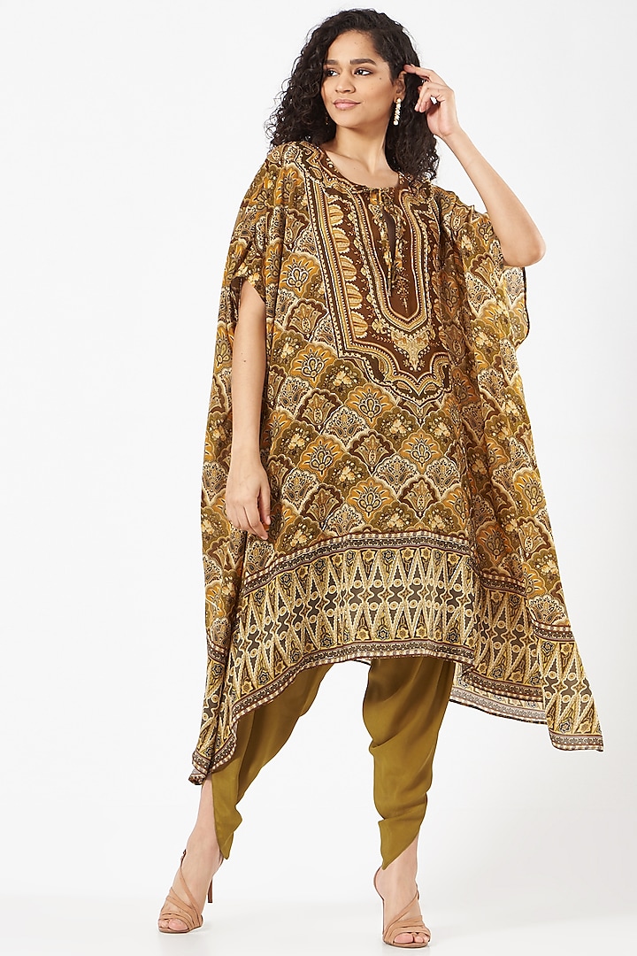 Mustard Hand Embroidered High-Low Cape Set by CHARU PARASHAR