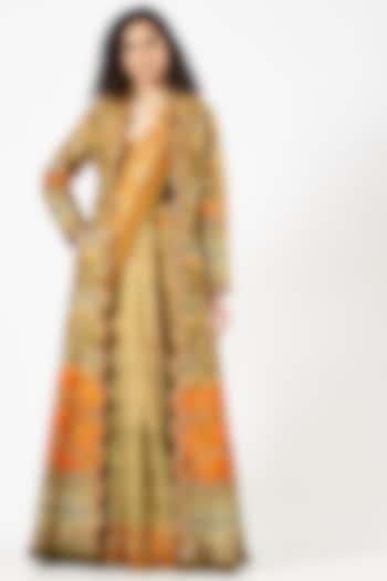 Mustard Raw Silk Digital Printed Jacket Saree by CHARU PARASHAR