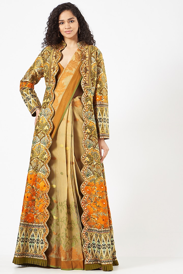 Mustard Raw Silk Digital Printed Jacket Saree by CHARU PARASHAR
