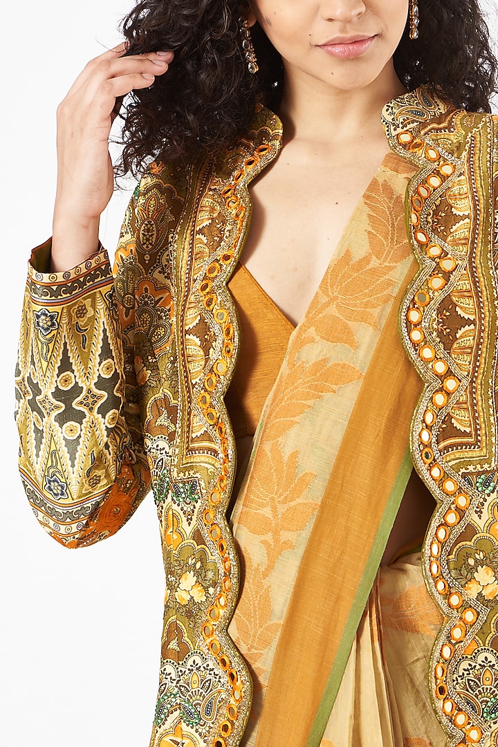 Mustard Raw Silk Digital Printed Jacket Reception Saree by CHARU PARASHAR at Pernia's Pop Up Shop