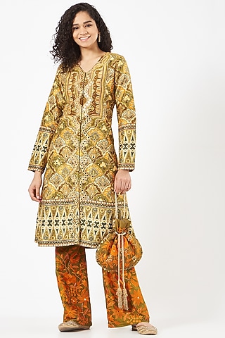 Mustard Printed Jacket Set by CHARU PARASHAR