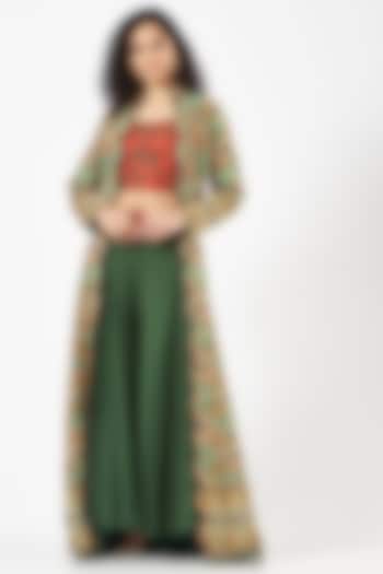 Teal Green Hand Embroidered Long Jacket Set by CHARU PARASHAR