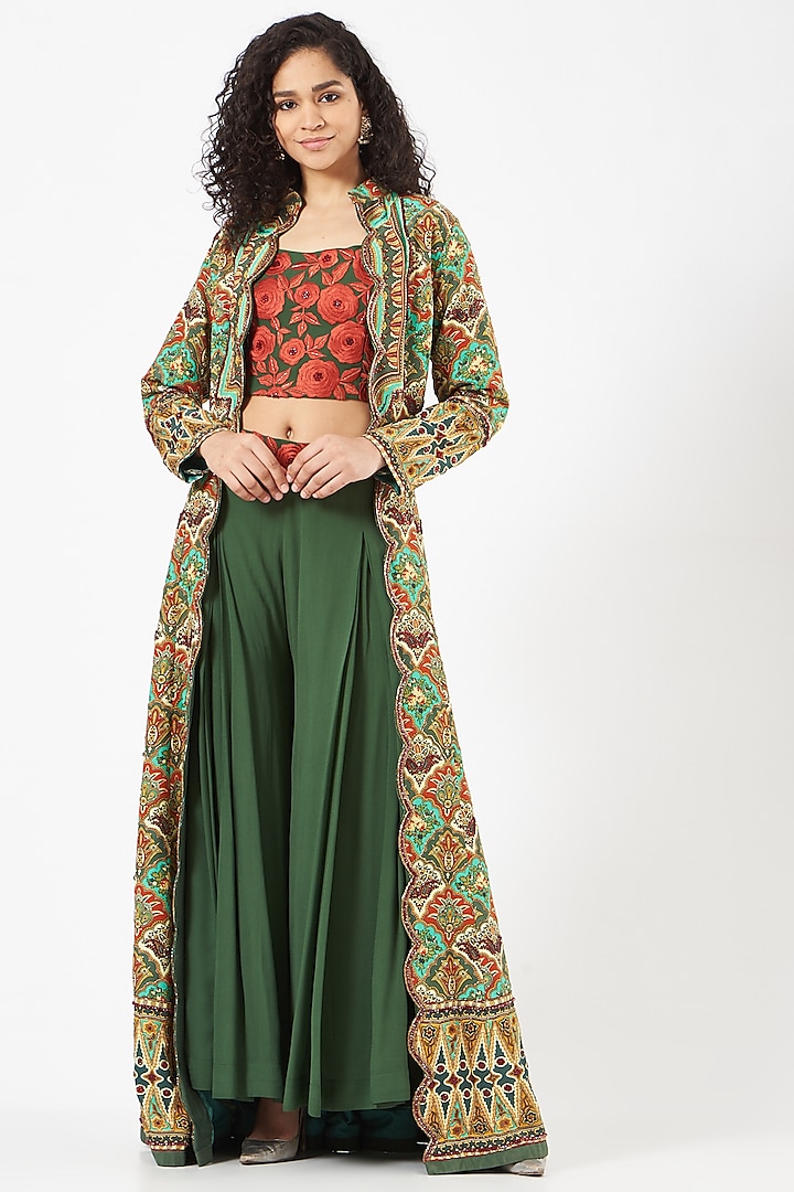Teal Green Hand Embroidered Long Jacket Set by CHARU PARASHAR
