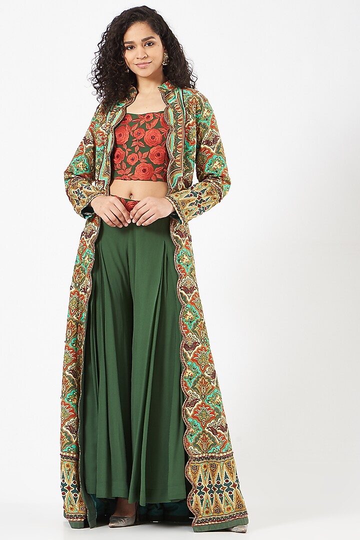 Teal Green Hand Embroidered Long Jacket Set by CHARU PARASHAR at Pernia's Pop Up Shop