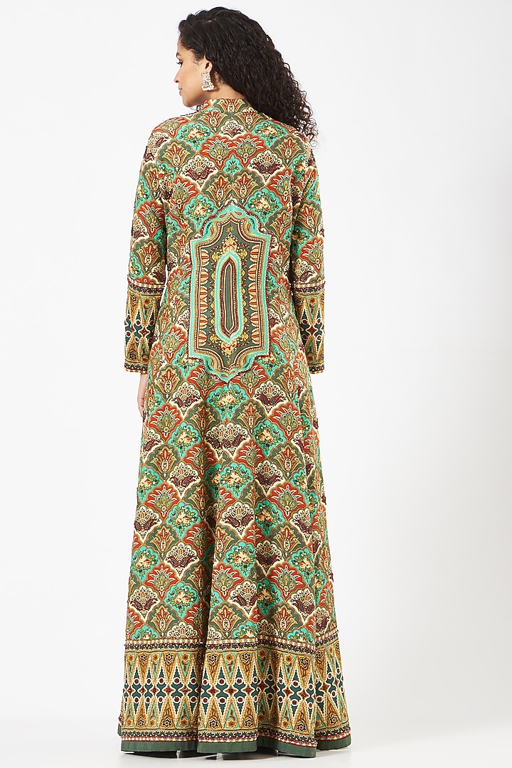 Teal Green Hand Embroidered Long Jacket Set by CHARU PARASHAR at Pernia's Pop Up Shop