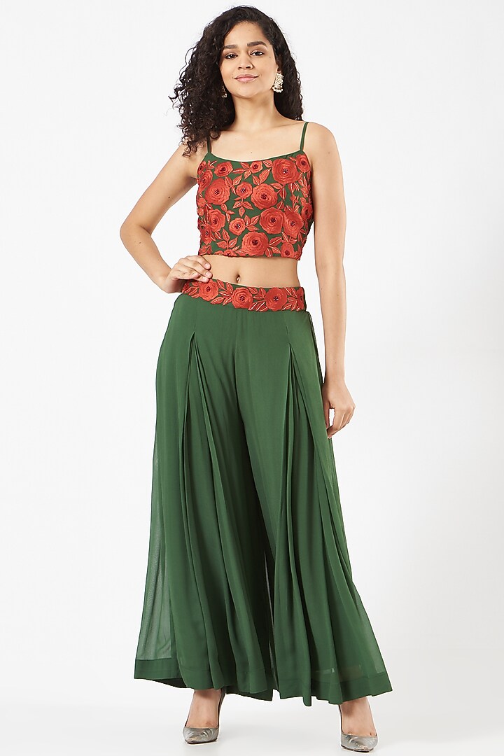 Teal Green Hand Embroidered Long Jacket Set by CHARU PARASHAR at Pernia's Pop Up Shop