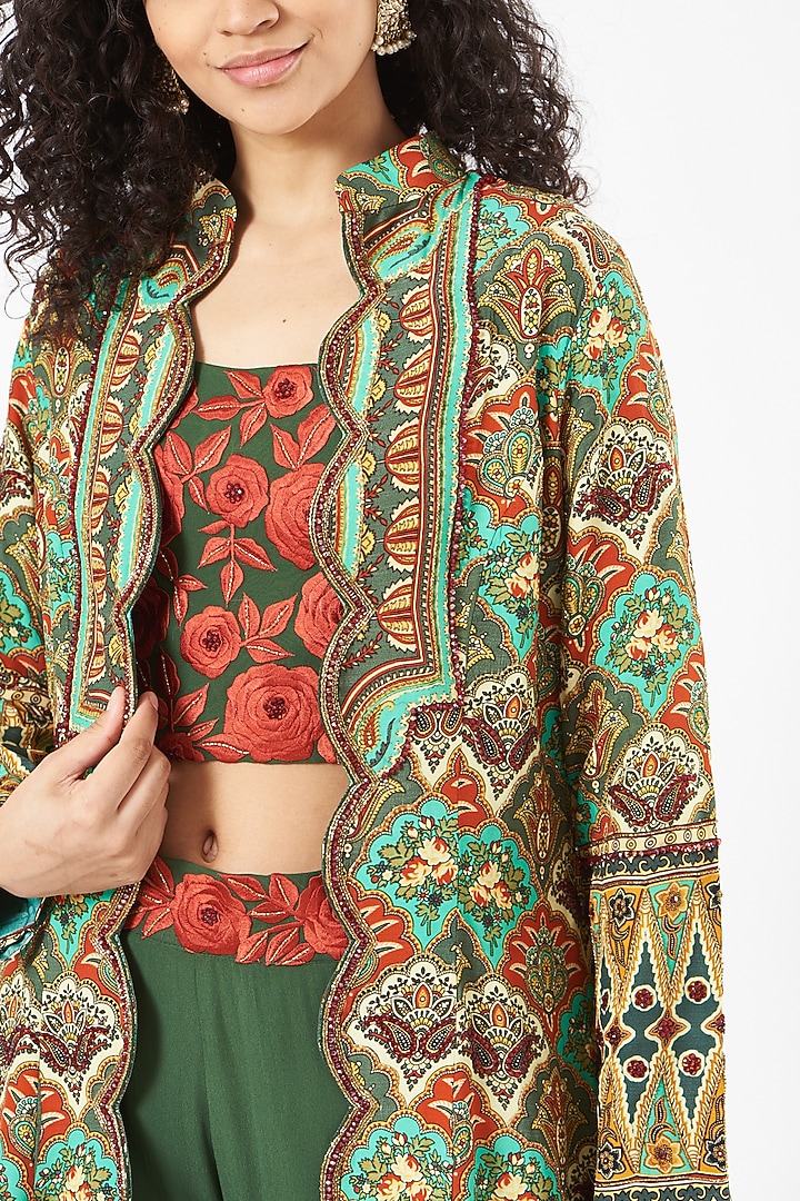 Teal Green Hand Embroidered Long Jacket Set by CHARU PARASHAR at Pernia's Pop Up Shop