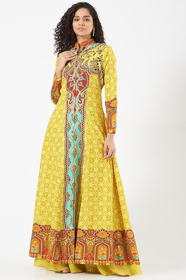 Bright Yellow Hand Embroidered Long Jacket Set by CHARU PARASHAR