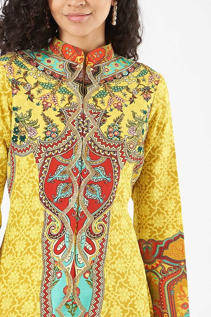 Bright Yellow Hand Embroidered Long Jacket Set by CHARU PARASHAR at Pernia's Pop Up Shop