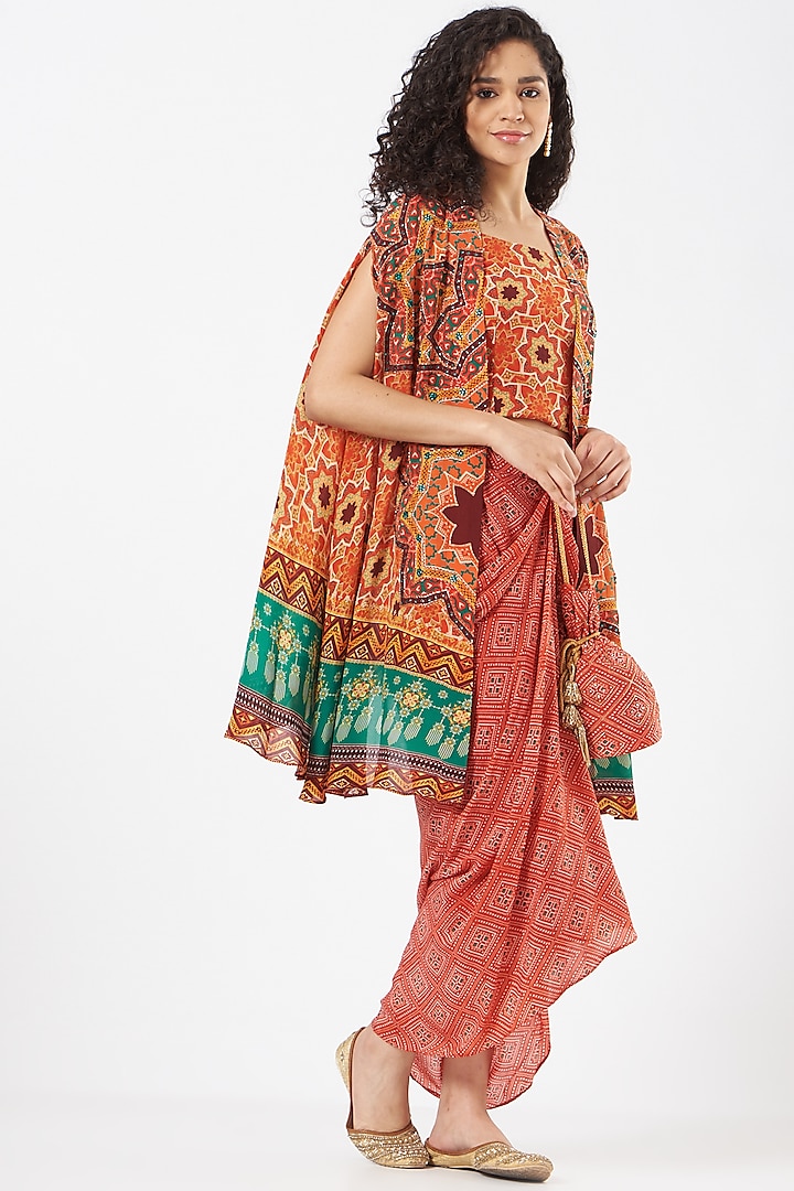 Tomato Red Printed Cape Set by CHARU PARASHAR