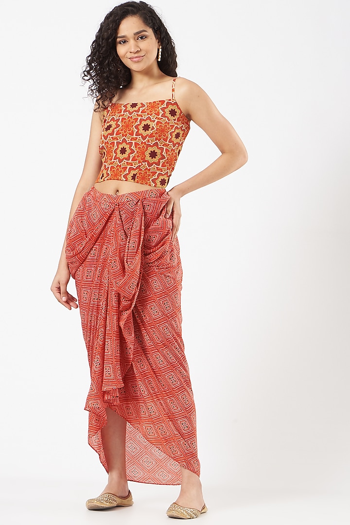 Tomato Red Printed Cape Set by CHARU PARASHAR at Pernia's Pop Up Shop