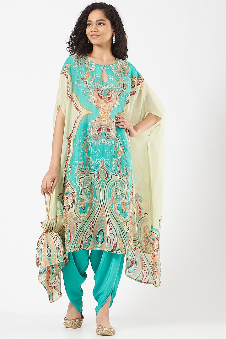 Turquoise Printed High-Low Cape Set by CHARU PARASHAR