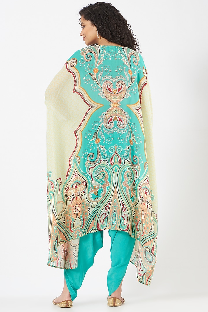 Turquoise Printed High-Low Cape Set by CHARU PARASHAR at Pernia's Pop Up Shop