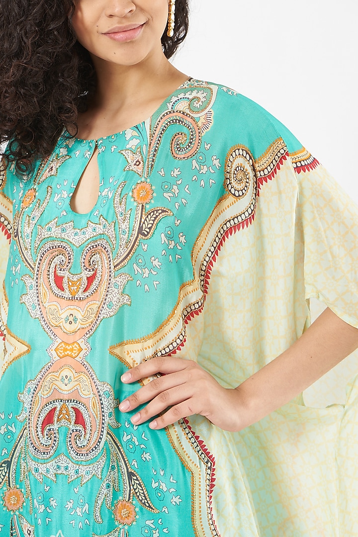 Turquoise Printed High-Low Cape Set by CHARU PARASHAR at Pernia's Pop Up Shop